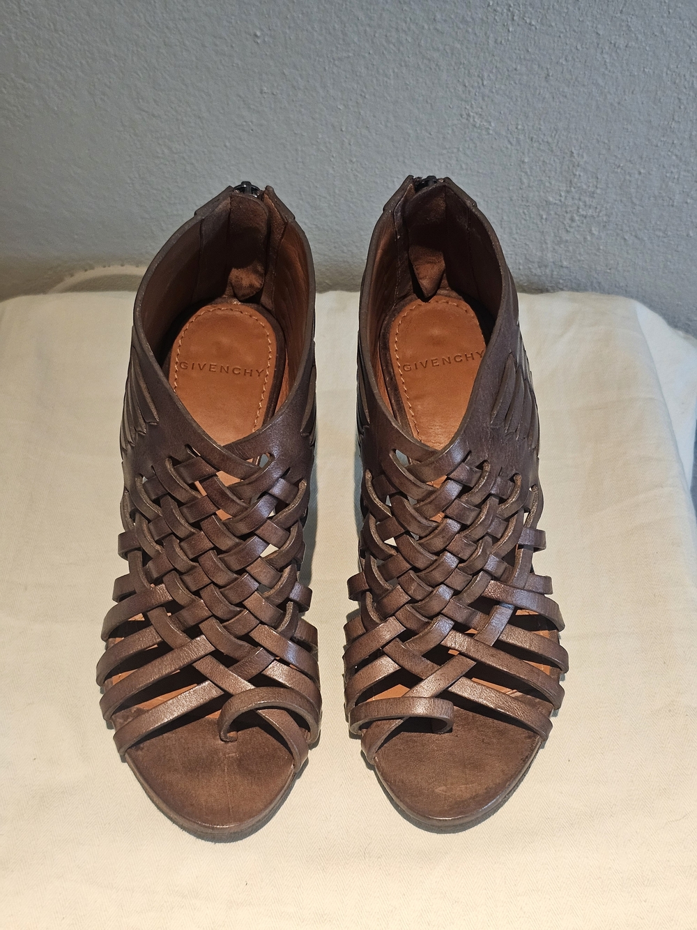 Givenchy Brown Woven Leather Open-Toe Ankle 3.5" Gladiator Heels Size 36